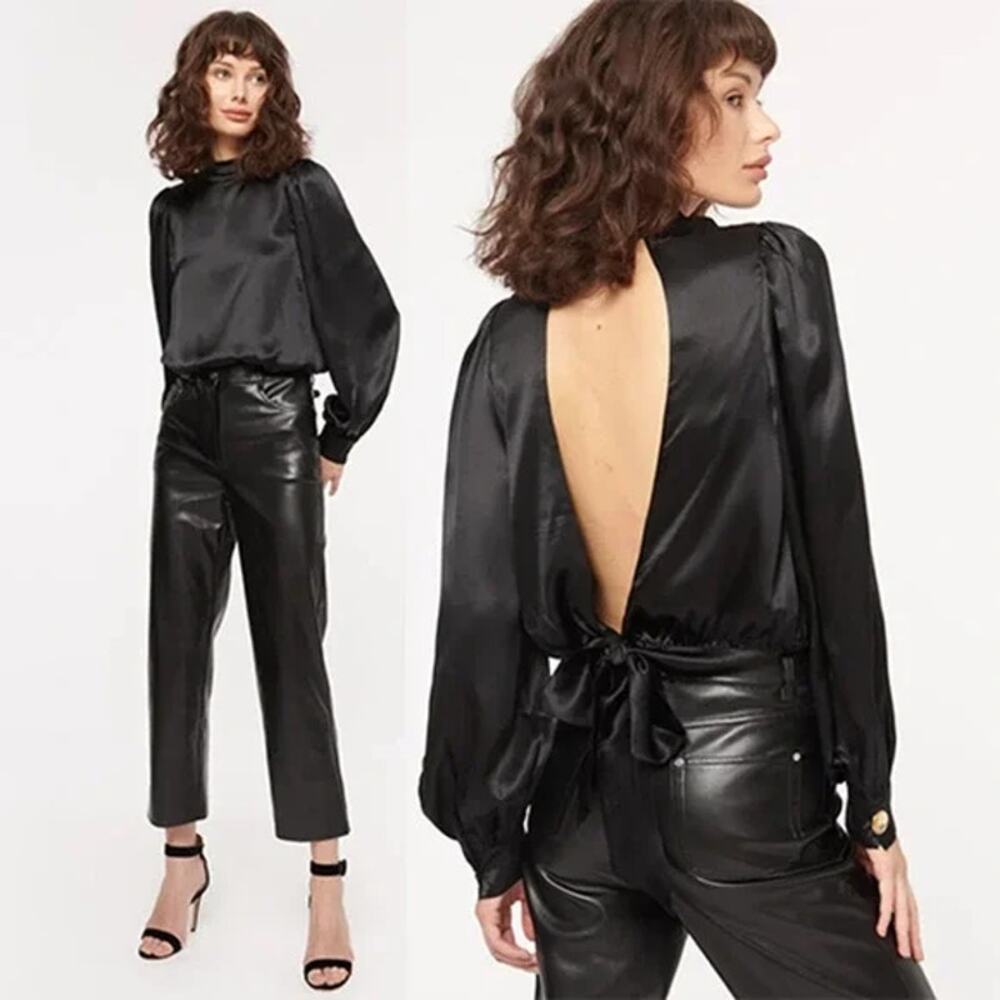 NWT Cami NYC Valencia Open Back Puff Sleeve Black Silk Long Sleeve Blouse Top